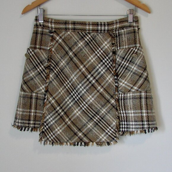 Zara Brown Black Plaid Mini Skirt Frayed Fringe Pockets Size Medium - Picture 3 of 14